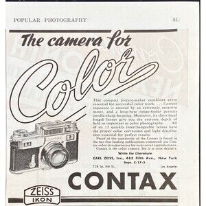 Carl Zeiss, Inc. Contax "the Camera for Color" Vintage Print Ad 1941
